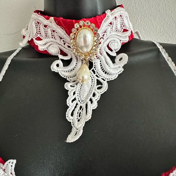 Vintage 90s Roberta Red Lace Mini Dress with Victorian Collar Detail – Size 9/10 - Picture 3 of 9